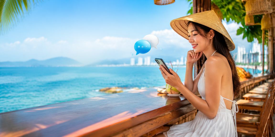 Phụ nữ Việt Nam đội nón lá sử dụng điện thoại chơi casino tại Nha Trang